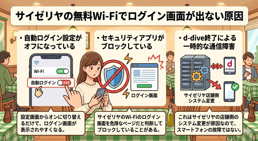 サイゼリヤ　Wi-Fi　ログイン画面でない