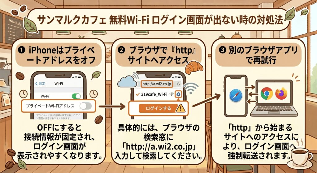 サンマルクカフェ Wi-Fi ログイン画面出ない